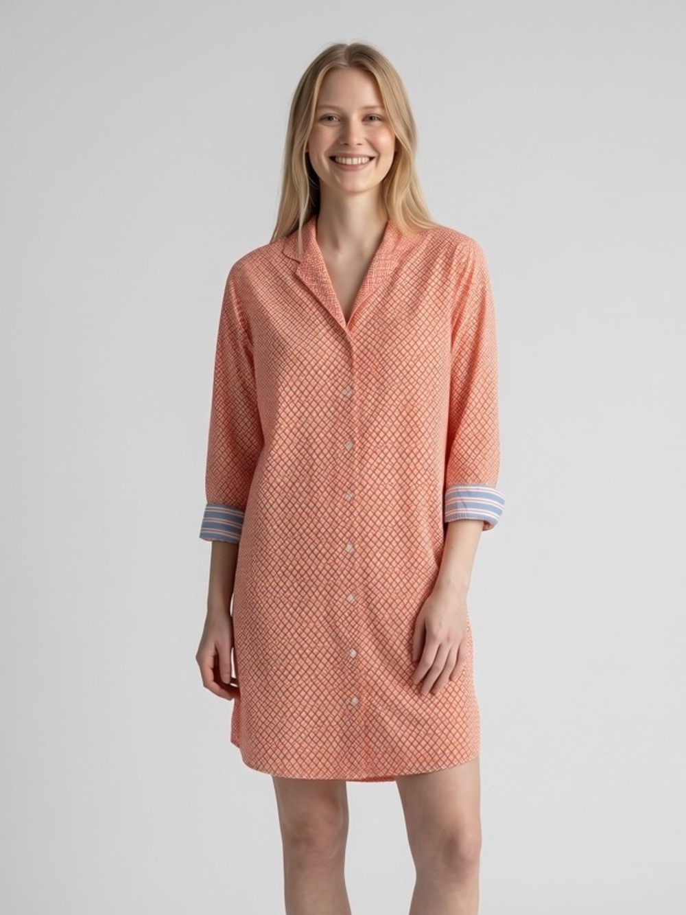 Garnet Hill Coral Geometric Print Shirt Dress Cotton Roll Tab Sleeve XS resort‎